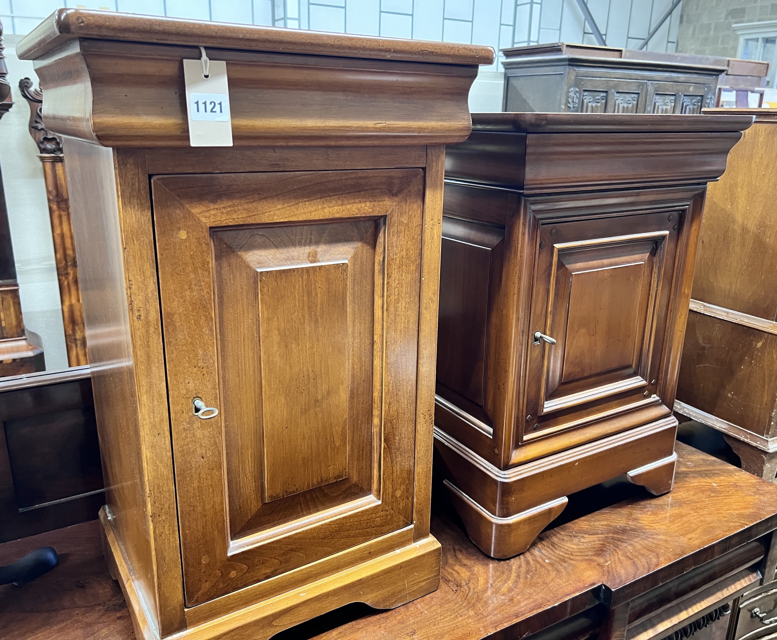 Two French cherrywood bedside tables, width 43 and 46cm, height 70 and 64cm